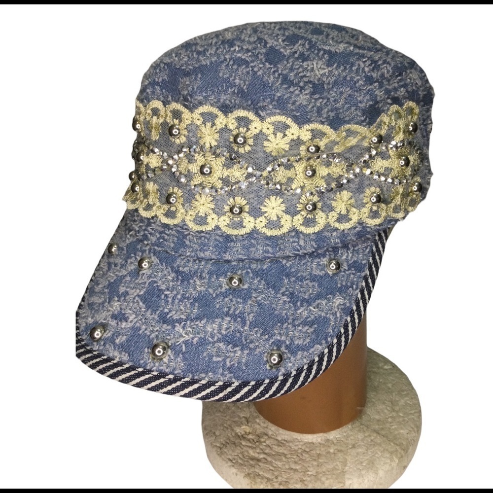 LACEY blue distressed denim and lace hat / cap with silver beads